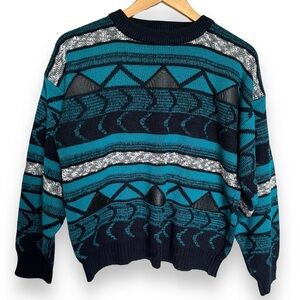 Vintage 80s Striped Knit Geometric Leather Crewneck Grandpa Dad Sweater Size S
